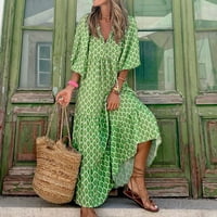 Женски летен ежедневен моден геометричен печат деколте дантелени балони балончета със среден ръкав на ръкавици Големи люлеещи се дълги лоси рокля мента зелена s