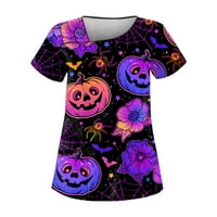 Хелоуин ризи за жени за жени Хелоуин печат с къс ръкав с двоен джобен топ тъмно лилав m