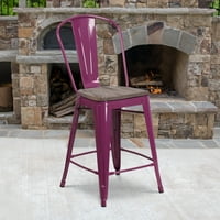 Флаш мебели 24 висока лилава метална табуретка с височина на гърба и дървена седалка