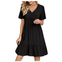 Дами ежедневни секси солиден цвят v-образно разхлабена пачуърк рокля с къс ръкав женска слънчева рокля, черни s