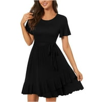 Женски рокли небрежно лятна флорална рокля с къс ръкав, обвързани с плажни рокли, черни л л