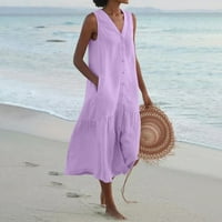 Solid Color лятната рокля на RoyalloveWomen Soly Resle VekeS V Button Down Decual Pocket Swing Кратки рокли за жени