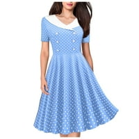Rbaofujie летни рокли за жени ежедневни небесни сини рокли Fashion Fashion Short Lleeve V-Neck Wave Point Печат с рокля с чай рокля с къс ръкав