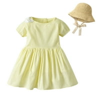 Деца малко дете бебе момичета рокли пролет лято солиден памук късо ръкав принцеса рокля шапка дрехи