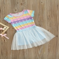 Carolilly Kids Girls Небрежен костюм, късо ръкав цвят контраст балони отпечатани върхове+мрежести къси панталони