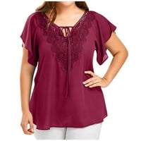 Жени модни плюс размер дантелена тениска блуза прилеп с къси ръкави, червени, xxl, полиестерни фибри