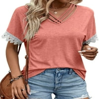 Преден ход дамски летни блузи в деколте тениска Плътен цвят Дамска мека тениска къс ръкав пуловер розов ШЛ