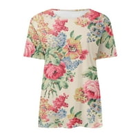 Шцлоег блузи за жени Модни Флорални печатни върхове ежедневни тениски с къс ръкав хлабав тениска, Бежов ШЛ