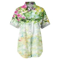 Плюс размери блузи за жени, женски копче с къс ръкав надолу лятна блуза V шия ежедневна яка бутон нагоре върхове с джобове зелено 8