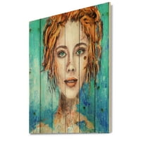 Дизайнарт 'женско лице с червена коса и зелени очи' Модерен принт върху естествена борова дървесина