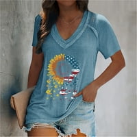 Женска тениска с V-образно деколте за независимост Слънчоглед за печат Небрежен къс ръкав отгоре в продажба xxl синьо