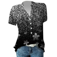 Bicoasu дамски върхове женски V-образно деколте с къси ръкав ежедневни тениски върхове бутон надолу летни ризи върхове за жени черни 2xl