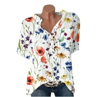 Дамски Ризи клирънс цвете печат лятна мода изрязани ръкав ревера в-врата памук линия хлабав блуза