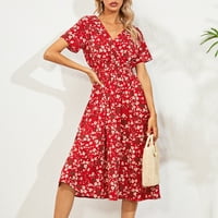 Рокли за жени летни Ежедневни рокли флорални В-деколте с къс ръкав рокля под коляното насипни рокли червено ШЛ