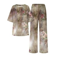 Комплекти от шезлонги за жени за жени ежедневни летни отпечатани върхове с къси ръкави и дълги панталони