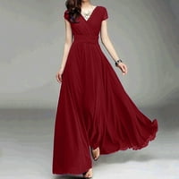 Wendunide рокли за жени, женско V-образно деколтето твърд цвят с къс ръкав шифон талия затваряща вечерна рокля червено