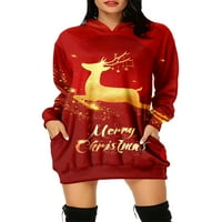 Grianlook жени Коледна суитчърска рокля с джобове Хелоуин пуловер качулка снежинка от печат мини коледни рокли с качулка с дълъг ръкав дами лек череп отпечатан кратък стил-l xl