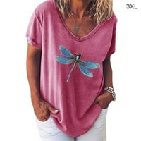 Maytalsoy Women Dragonfly Prints v Neck Short Leste Rish Pink 3XL