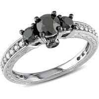 1-Каратов Т. В. черно-бял диамант 10кт Бяло Злато три камък годежен пръстен