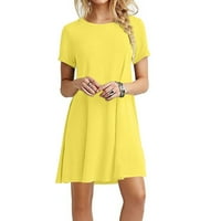 Летни рокли за жени модерни късо ръкав мини свободно време a-line солидна рокля с кръгло деколте жълти s