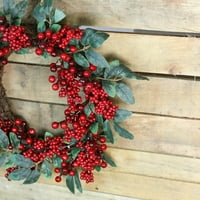 18 червени плодове и двуцветни зелени листа изкуствен Коледен венец-неосветен