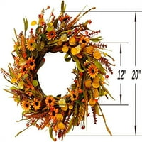 20 Реколта венец, жълти и оранжеви цветя маргаритка, пшенични уши, зелени и есенни листа за входната врата, чудесно за висящи входни врати