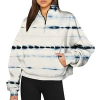 Женски рел с дълъг ръкав наполовина цип на суичър печат стилен свободен прилепнал небрежен пуловер върхове с джоб